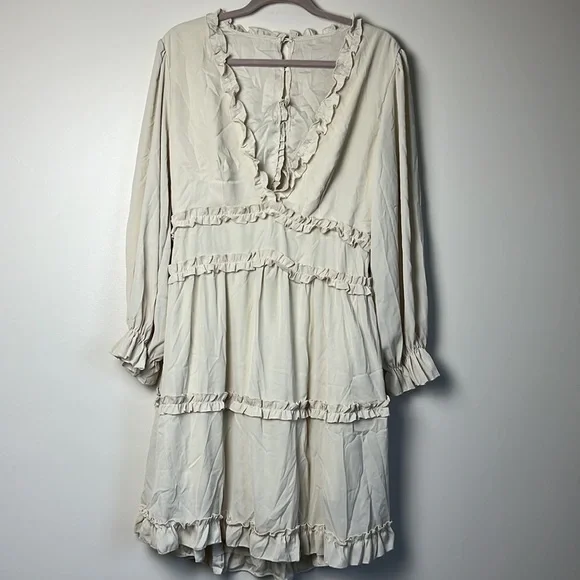 Beige Deep V Neck Ruffle Long Sleeve Floral Print Mini Dress Size XL - Picture 7 of 13